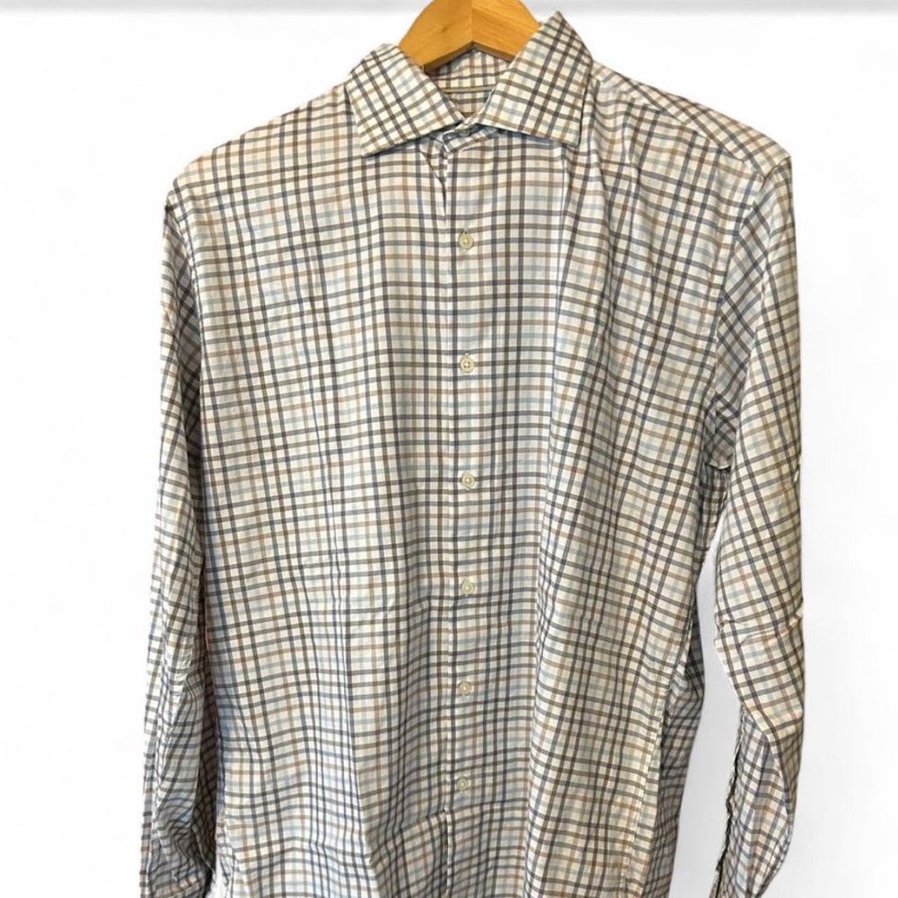 Peter Millar Brown and Blue Plaid Dress Shirt